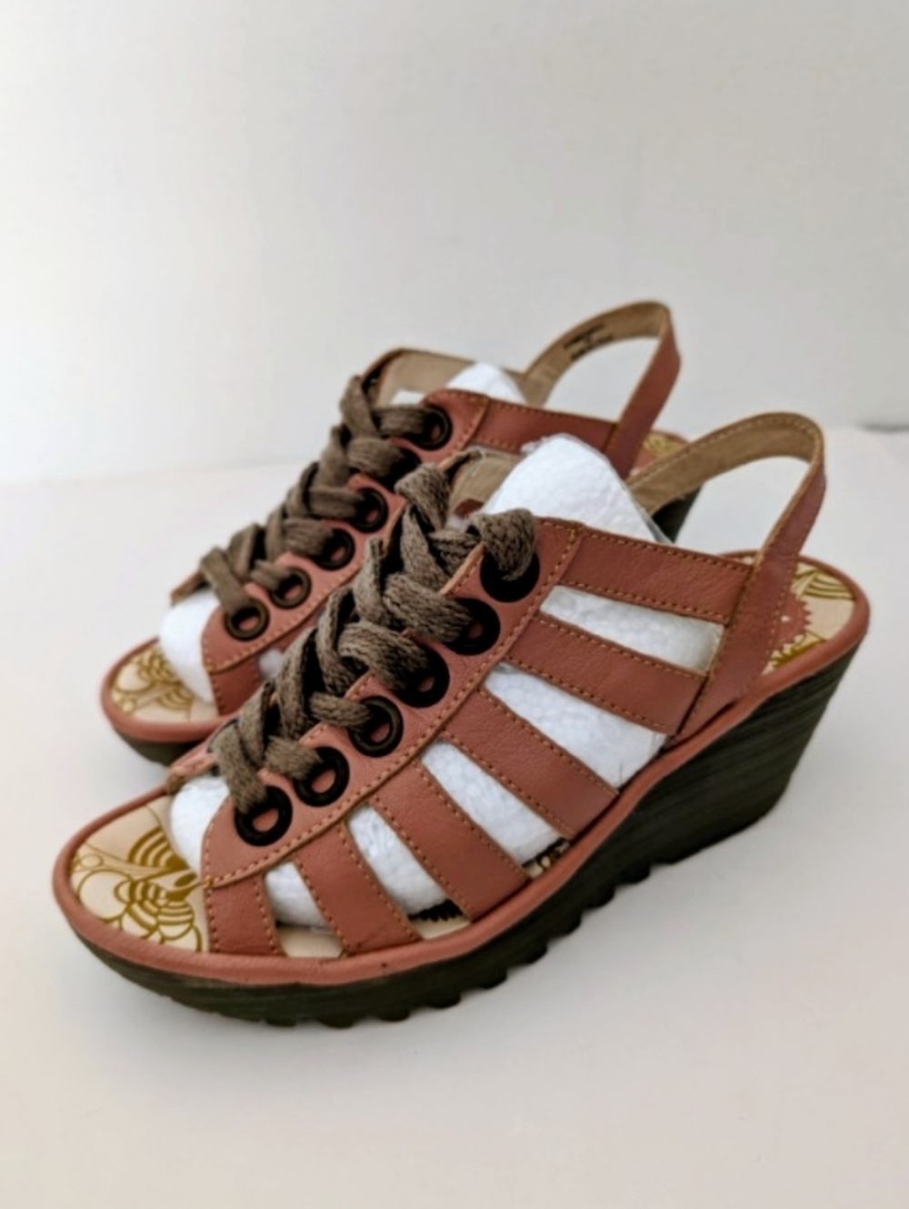 Fly London Leather Wedge Yito Blush Pink Lace Up Sandals Women's Size 38